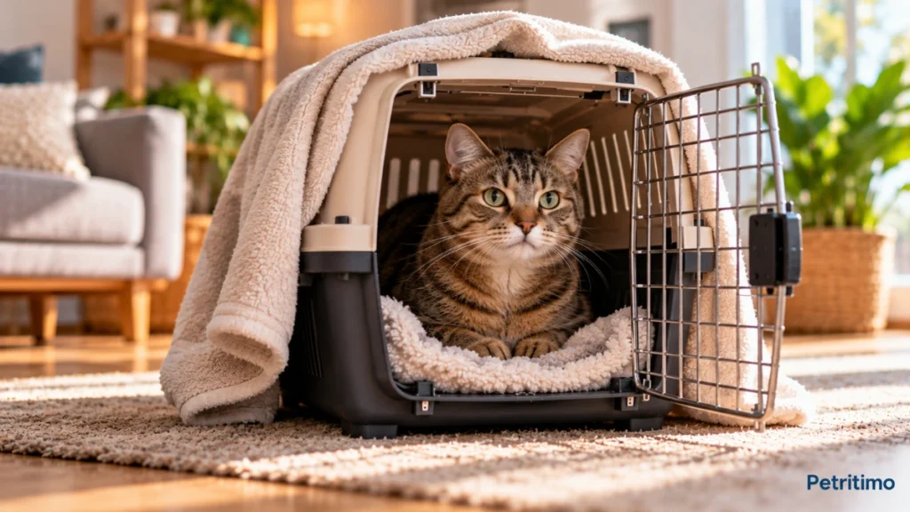 gato adulto dentro de caixa de transporte coberta com toalha