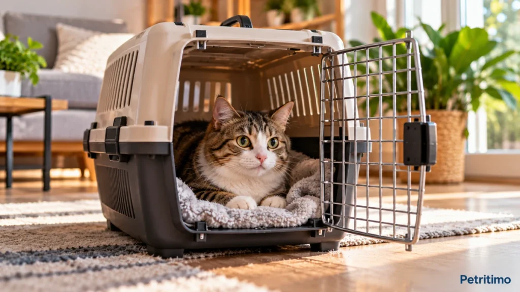 gato dormindo dentro da caixa de transporte com porta aberta