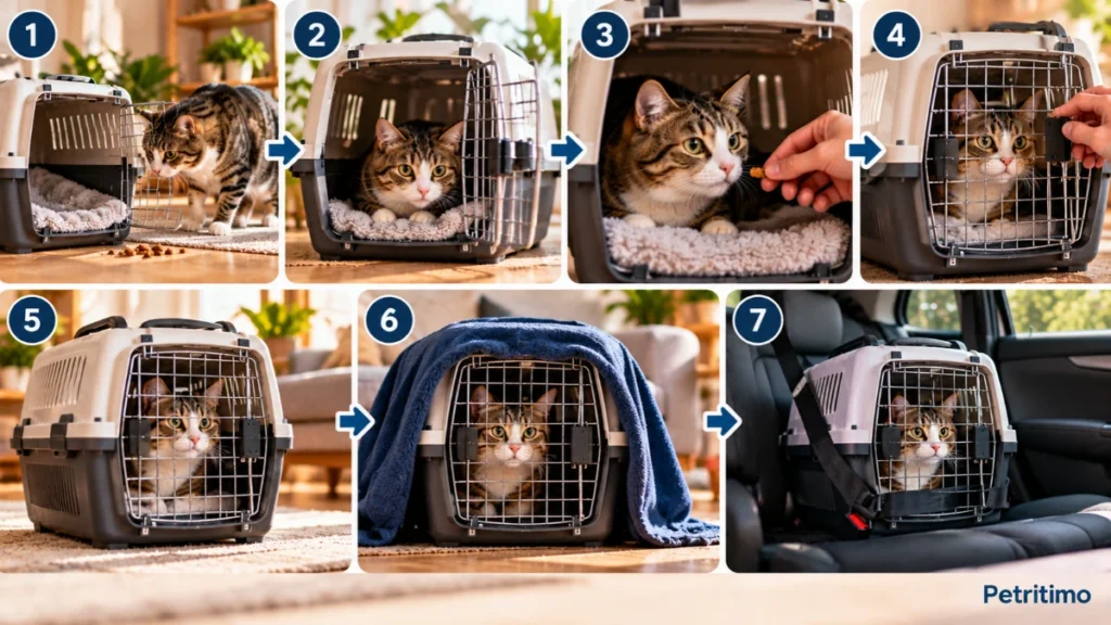 passo a passo treino gato caixa de transporte infográfico