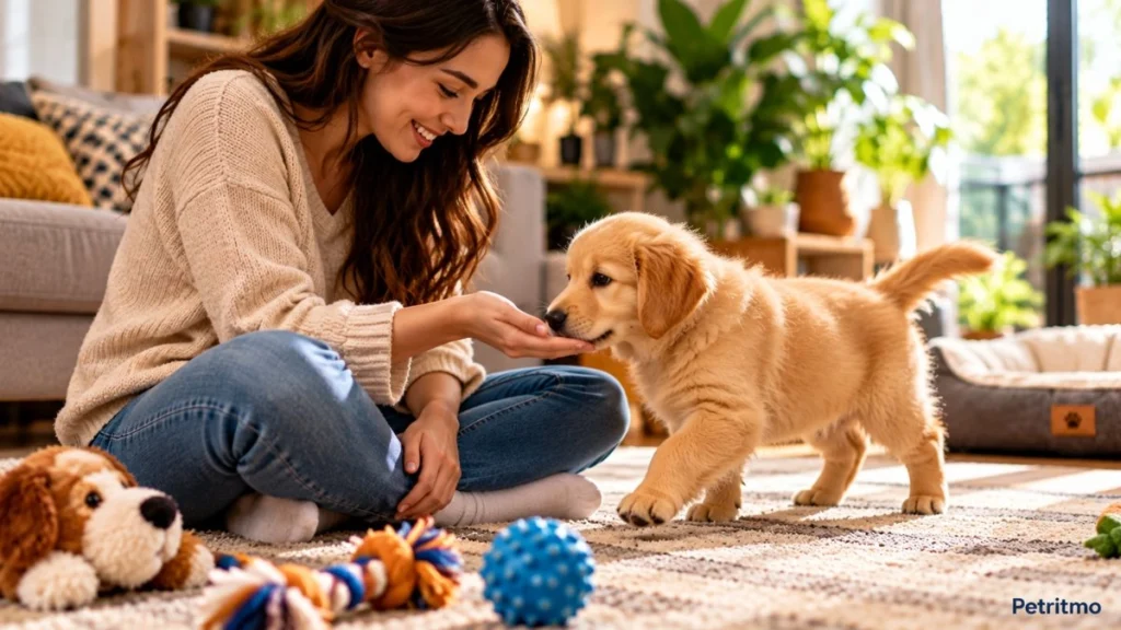 Como cuidar de um cachorro filhote nos primeiros dias 3 tutor ajudando cachorro filhote a se adaptar à nova casa
